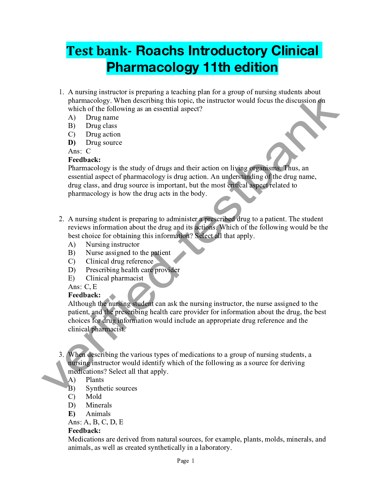 Preview of Test bank- Roachs Introductory Clinical Pharmacology 11th edition.pdf